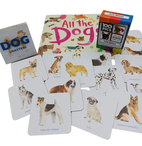 Dogs sada kniha v angličtině, karetní hra a 15 tácků se psy