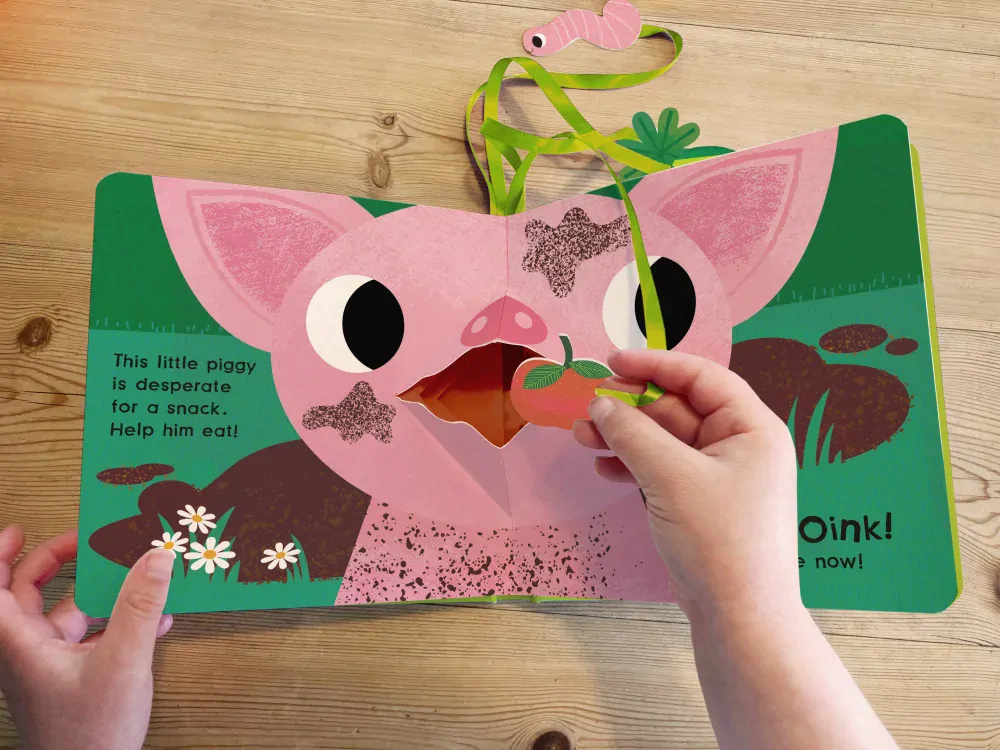 Hungry Farm interaktivní kniha v angličtině děti krmí zvířátka