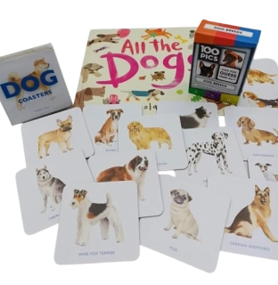 Dogs sada kniha v angličtině, karetní hra a 15 tácků se psy